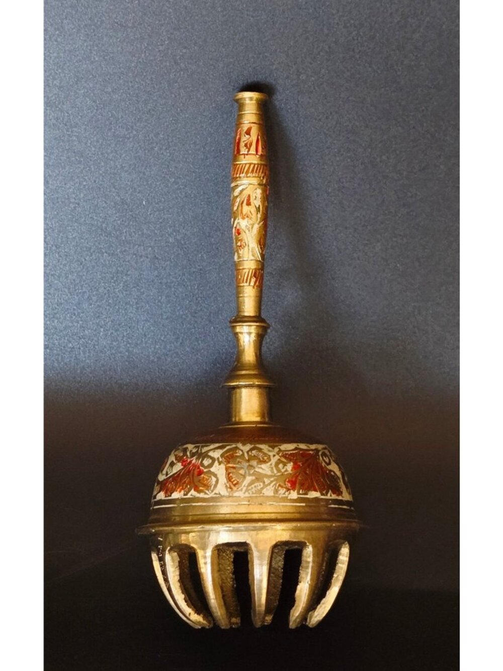 Vintage Indian Brass Claw Bell Hand Engraved Enamel Elephant Sarna Bell Handle